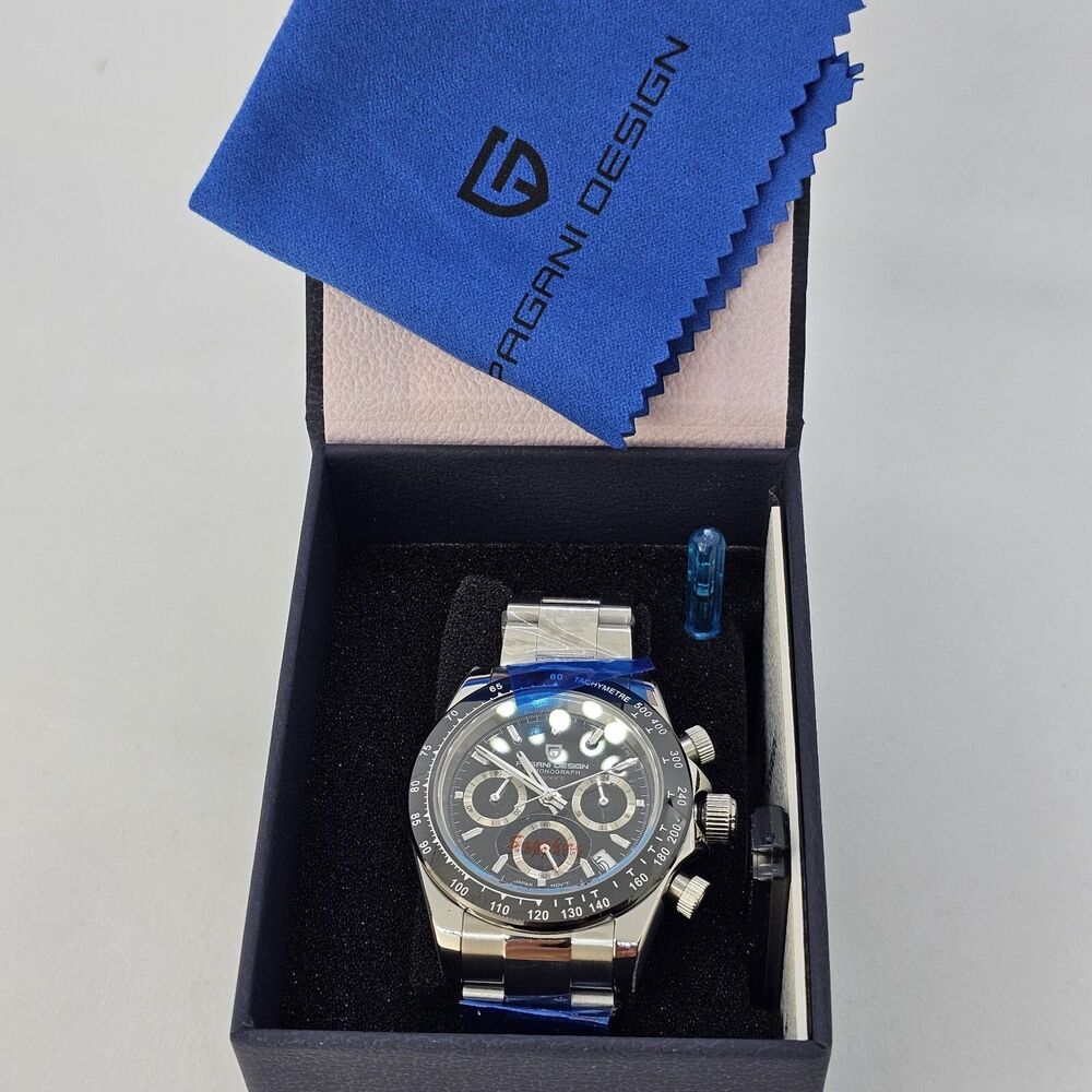 Pagani Design Men's Watch 40MM Black Dial‎ Black Bezel Gray Bracelet Band Date